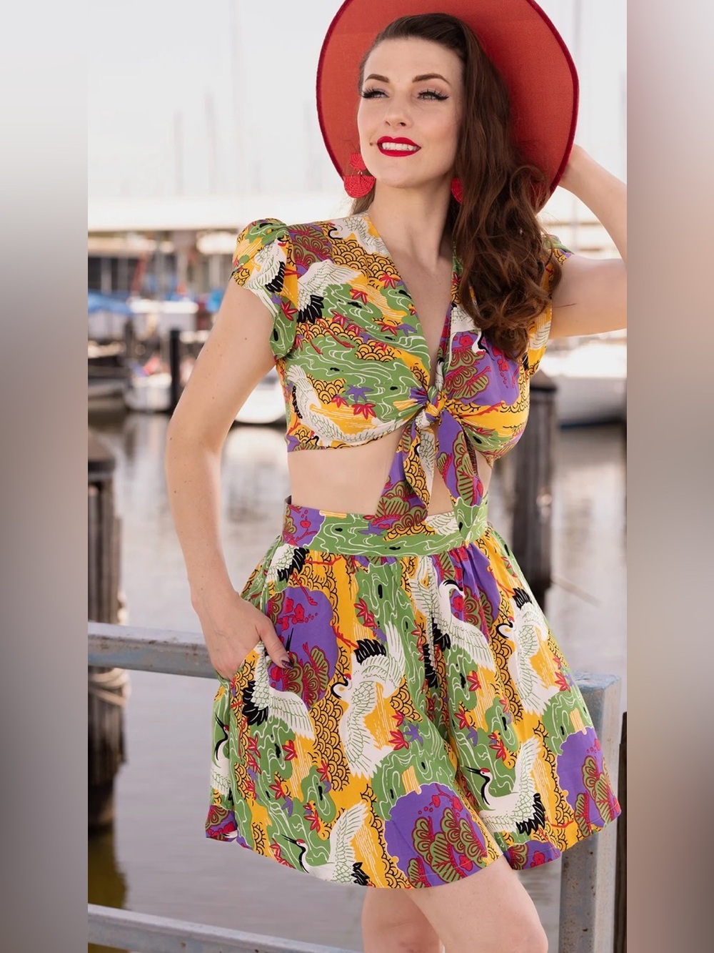 Trashy Diva High-waisted Tap Shorts in 1940s Tropical Cranes Print